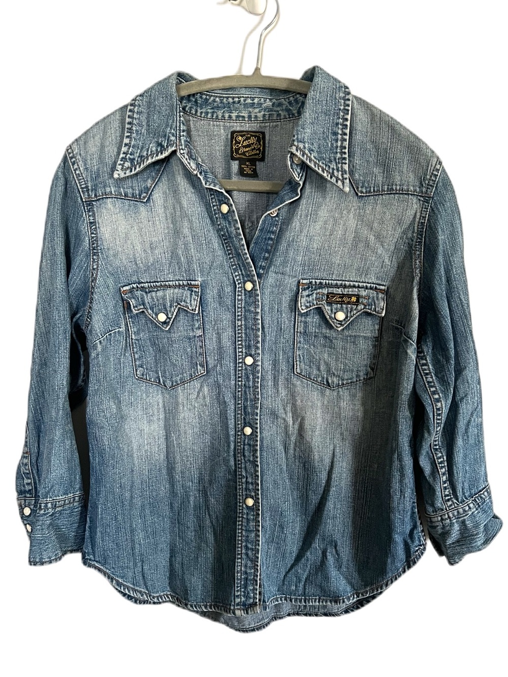 Vintage Lucky Brand Women’s Faded Blue Denim Button-Down Shirt Snap Front Pocket